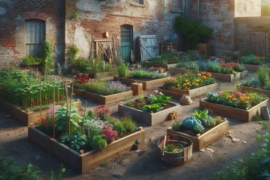 A secret garden with a lady sitting on a bench and a young man holding a white rose