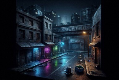 A quiet street at night in a dystopian city