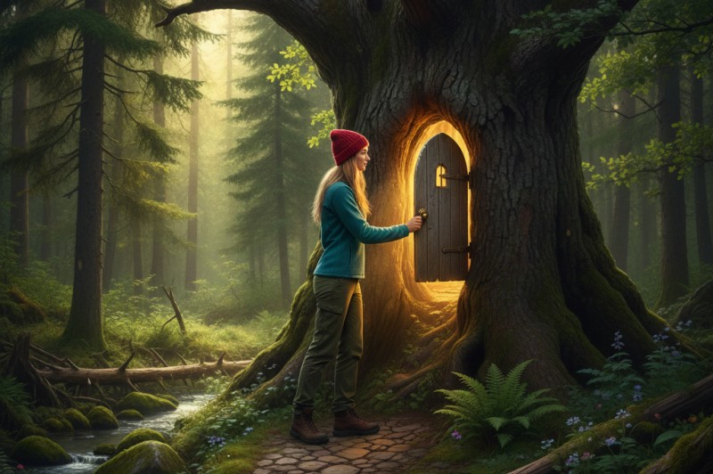 A lady opens a door that is in the trunk of a large tree