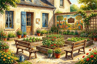 A community garden at the back of a library.